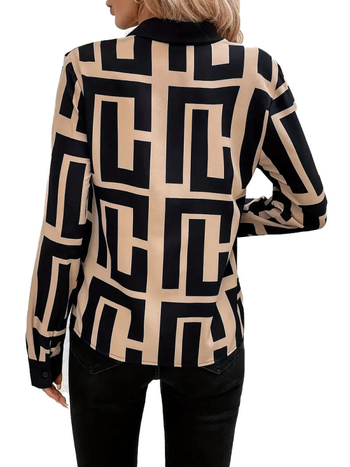 Európai és amerikai Amazon 2025 tavaszi és nyári új geometrikus mintás fekete női rövid ujjú, vékony divatos felső