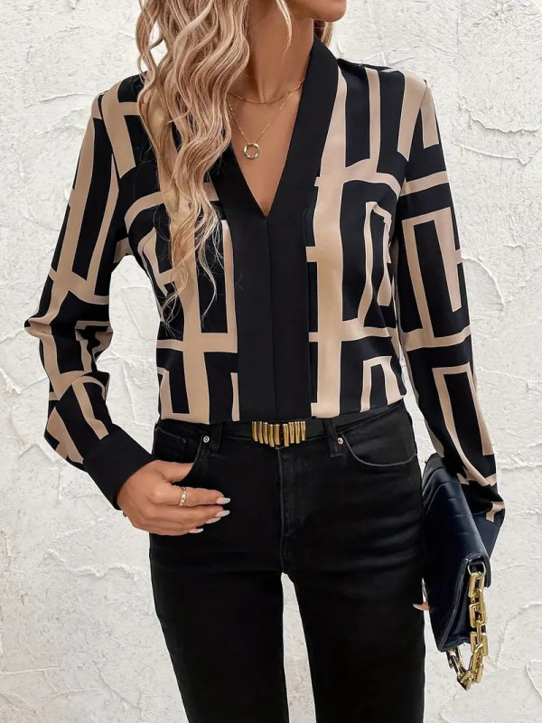 Európai és amerikai Amazon 2025 tavaszi és nyári új geometrikus mintás fekete női rövid ujjú, vékony divatos felső