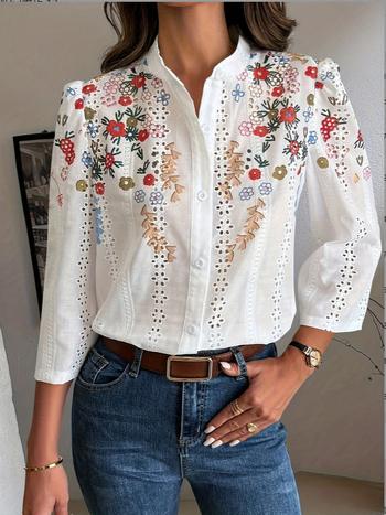 2025 tavaszi új retró mintás ing, friss, romantikus és gyengéd stílus, sokoldalú állógalléros ing