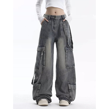 American Retro Workwear széles szárú farmernadrág női tavaszi és nyári High Street Design Sense laza, karcsúsító, magas derekú, egyenes szárú nadrág