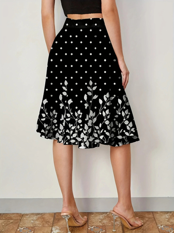 Φούστα με στάμπα σε κυματιστό και φλοράλ στυλ σε ίσια γραμμή Α, σε ίσια γραμμή, με φαρδιά μέση και λεπτή γραμμή, σε διασυνοριακό στυλ με ευρωπαϊκή και αμερικανική γαλλική απόχρωση.