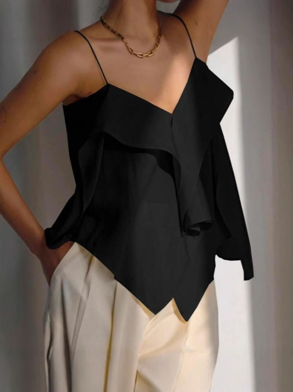 Európai és amerikai 2025 nyári elegáns, kis szexi, V-nyakú, szabálytalan, fodros dizájnú, laza, lezser trikó nőknek