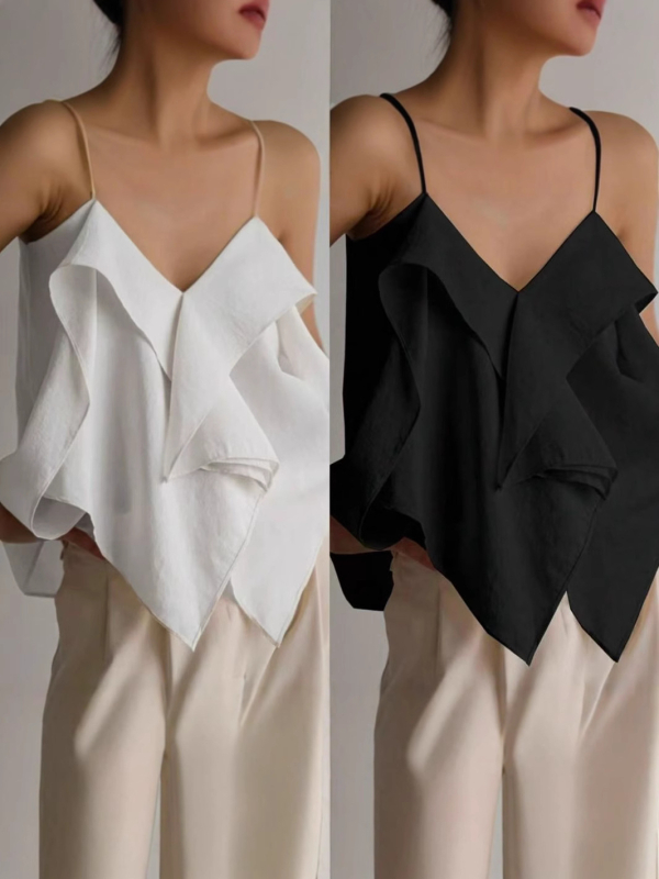 Európai és amerikai 2025 nyári elegáns, kis szexi, V-nyakú, szabálytalan, fodros dizájnú, laza, lezser trikó nőknek