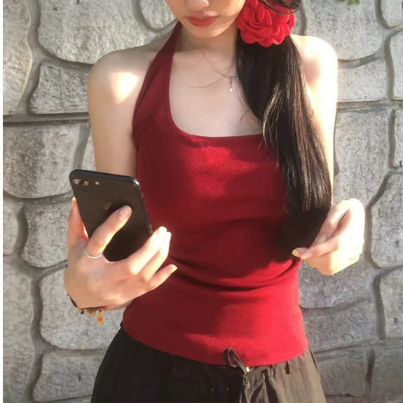 Pure Lust Hot Girl piros halterneck mellény női nyári karcsúsító, rövid U-nyakú felső