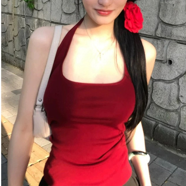 Pure Lust Hot Girl piros halterneck mellény női nyári karcsúsító, rövid U-nyakú felső