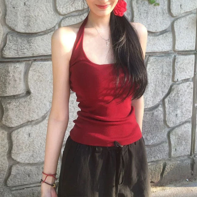 Pure Lust Hot Girl piros halterneck mellény női nyári karcsúsító, rövid U-nyakú felső