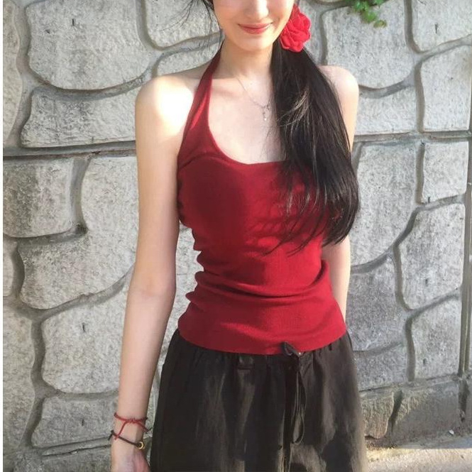 Pure Lust Hot Girl piros halterneck mellény női nyári karcsúsító, rövid U-nyakú felső