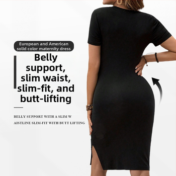 2025 m. naujas europietiškas ir amerikietiškas tarpvalstybinis nėščiųjų vientisas sijonas su plyšiais, rudens elastingas plonas trumpomis rankovėmis darbo drabužiai, paprasti ir patogūs viršutiniai drabužiai