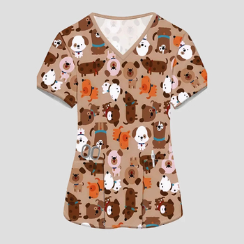 2025 Μόδα Νέο Στενή Γραμμή Διασκεδαστικό Πουκάμισο με Στάμπα Γυναικείο T-shirt Ρούχα Εργασίας Νοσοκόμας Κοντό Μανίκι T-shirt