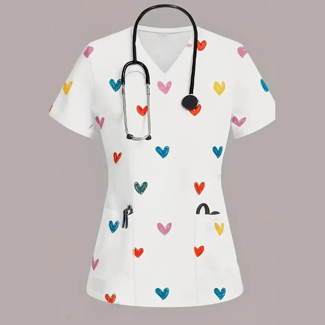 2025-ös divatos új, karcsúsított, vidám, mindenféle mintával ellátott alsó ing, női póló, ápolónői munkaruha, rövid ujjú póló