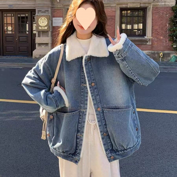 Vintage műnyúl farmerkabát, női őszi-téli, polár béléssel, vastagított koreai stílusú, laza, mindenhez illő felső