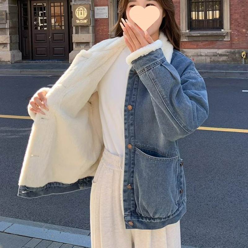 Vintage műnyúl farmerkabát, női őszi-téli, polár béléssel, vastagított koreai stílusú, laza, mindenhez illő felső