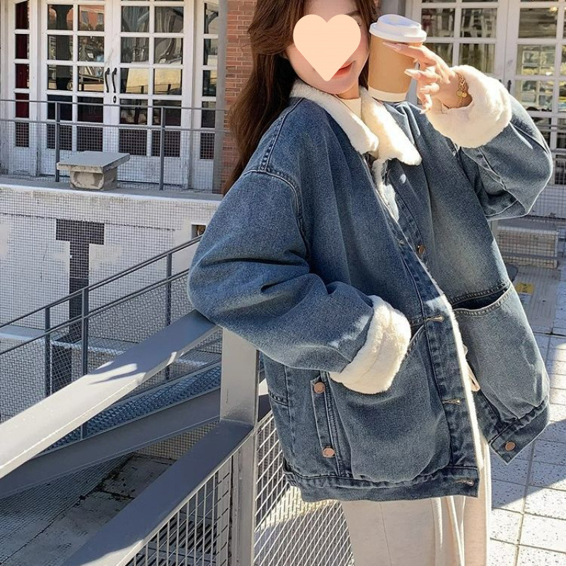 Vintage műnyúl farmerkabát, női őszi-téli, polár béléssel, vastagított koreai stílusú, laza, mindenhez illő felső