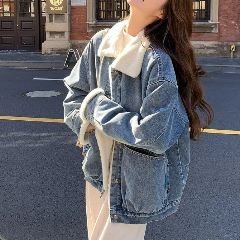 Vintage műnyúl farmerkabát, női őszi-téli, polár béléssel, vastagított koreai stílusú, laza, mindenhez illő felső