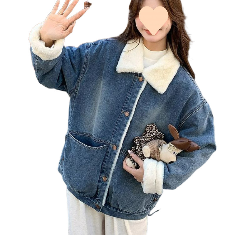 Vintage műnyúl farmerkabát, női őszi-téli, polár béléssel, vastagított koreai stílusú, laza, mindenhez illő felső