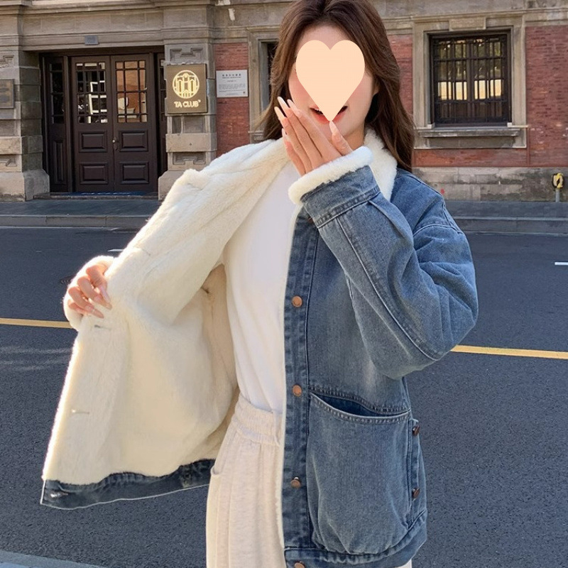 Vintage műnyúl farmerkabát, női őszi-téli, polár béléssel, vastagított koreai stílusú, laza, mindenhez illő felső