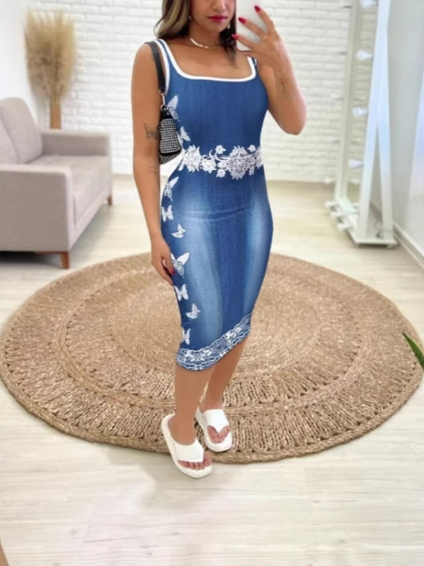 2025 Amazon nyári, forró stílusú, kötött, pillangómintás, farmerutánzatú mellényruha nőknek