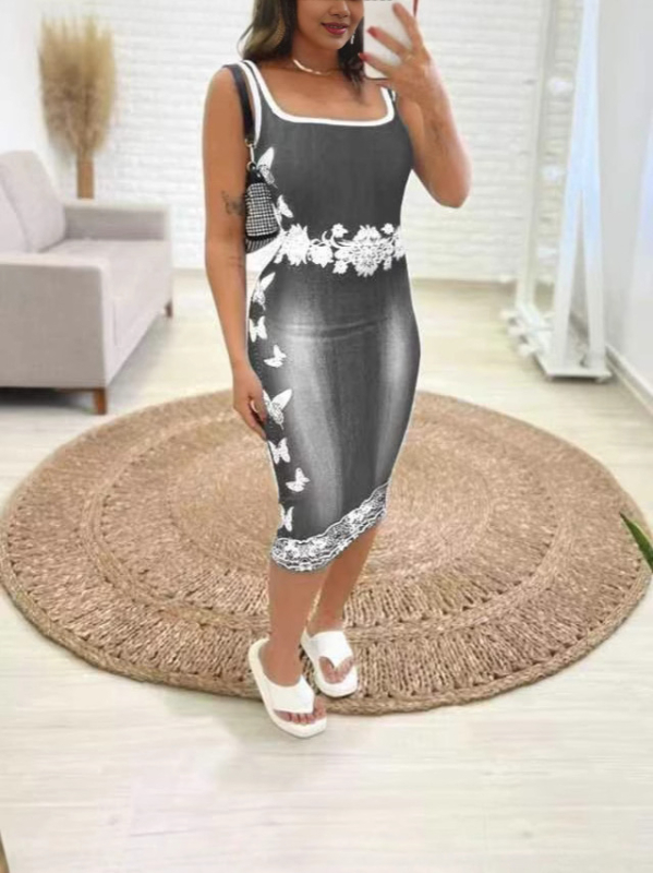 2025 Amazon nyári, forró stílusú, kötött, pillangómintás, farmerutánzatú mellényruha nőknek