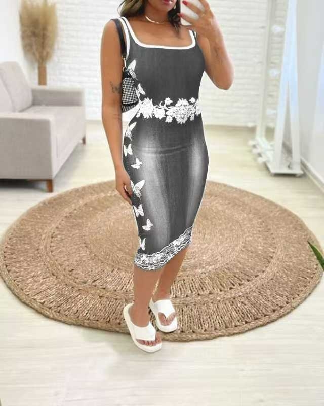 2025 Amazon nyári, forró stílusú, kötött, pillangómintás, farmerutánzatú mellényruha nőknek