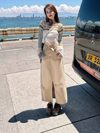 Φούστα τζιν με σχίσιμο, ρετρό φούστα με ψηλή μέση σε γραμμή Α, χαλαρή και ευέλικτη, καλοκαιρινό σχέδιο με αδυνάτισμα, μοντέρνα μακριά φούστα