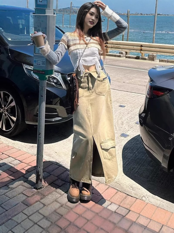 Hasított farmerszoknya, retró, magas derekú A-vonalú szoknya, laza és sokoldalú, karcsúsító, nyári fazon, divatos hosszú szoknya