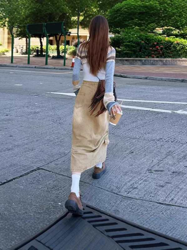 Hasított farmerszoknya, retró, magas derekú A-vonalú szoknya, laza és sokoldalú, karcsúsító, nyári fazon, divatos hosszú szoknya