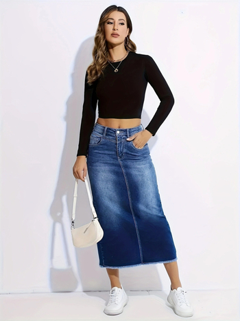 Ευρωπαϊκή και αμερικανική διασυνοριακή μπλε τζιν φούστα με ψηλή μέση, γυναικεία φούστα μεσαίας-ψηλής μέσης, άνετη και λεπτή φούστα σε γραμμή Α μέχρι τους γοφούς