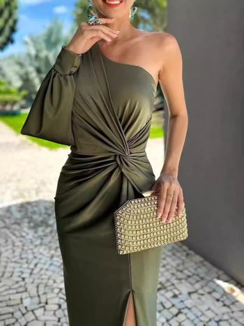 2024-es, határokon átnyúló európai és amerikai Amazon tavaszi és nyári új, ferde vállú, csomózott hasított, tiszta színű, szexi cső felsőrész női ruhában