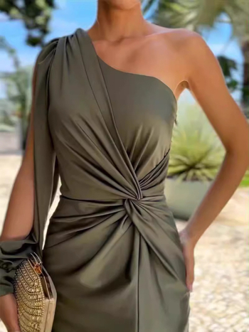 2024-es, határokon átnyúló európai és amerikai Amazon tavaszi és nyári új, ferde vállú, csomózott hasított, tiszta színű, szexi cső felsőrész női ruhában