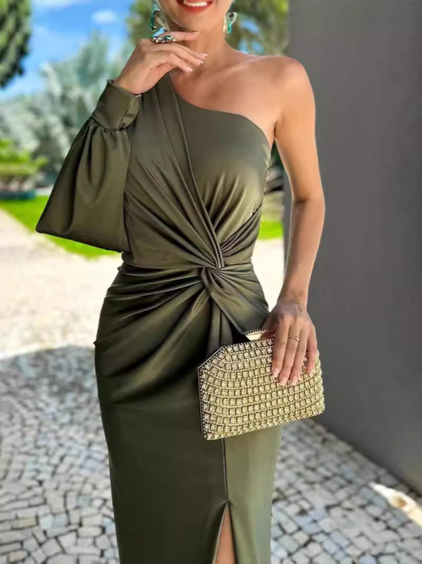 2024-es, határokon átnyúló európai és amerikai Amazon tavaszi és nyári új, ferde vállú, csomózott hasított, tiszta színű, szexi cső felsőrész női ruhában