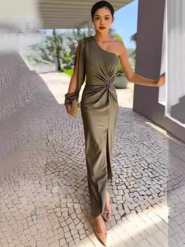 2024-es, határokon átnyúló európai és amerikai Amazon tavaszi és nyári új, ferde vállú, csomózott hasított, tiszta színű, szexi cső felsőrész női ruhában