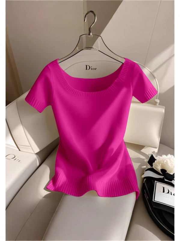 Koreai stílusú egyszerű ingázós rövid ujjú póló, francia dizájn, karcsúsított, kerek nyakú, fiatalos és középkorú megjelenésű, karcsúsított