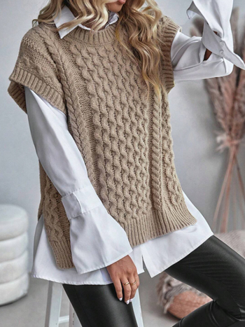 Európai és amerikai határokon átnyúló külkereskedelmi kerek nyakú ujjatlan kötöttáru női csavart szálú tiszta színű szegélyű hasított mellény kötöttáru mellény