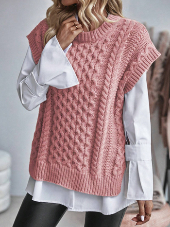 Európai és amerikai határokon átnyúló külkereskedelmi kerek nyakú ujjatlan kötöttáru női csavart szálú tiszta színű szegélyű hasított mellény kötöttáru mellény