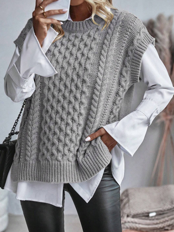 Európai és amerikai határokon átnyúló külkereskedelmi kerek nyakú ujjatlan kötöttáru női csavart szálú tiszta színű szegélyű hasított mellény kötöttáru mellény