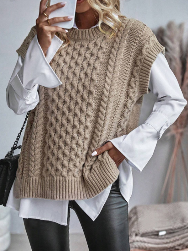 Európai és amerikai határokon átnyúló külkereskedelmi kerek nyakú ujjatlan kötöttáru női csavart szálú tiszta színű szegélyű hasított mellény kötöttáru mellény