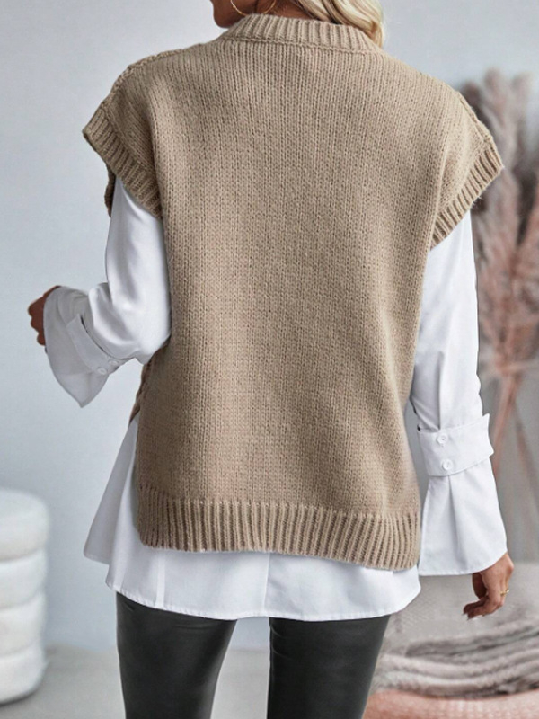 Európai és amerikai határokon átnyúló külkereskedelmi kerek nyakú ujjatlan kötöttáru női csavart szálú tiszta színű szegélyű hasított mellény kötöttáru mellény