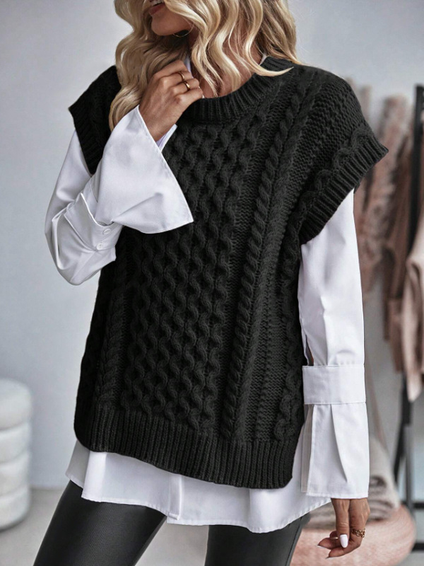 Európai és amerikai határokon átnyúló külkereskedelmi kerek nyakú ujjatlan kötöttáru női csavart szálú tiszta színű szegélyű hasított mellény kötöttáru mellény