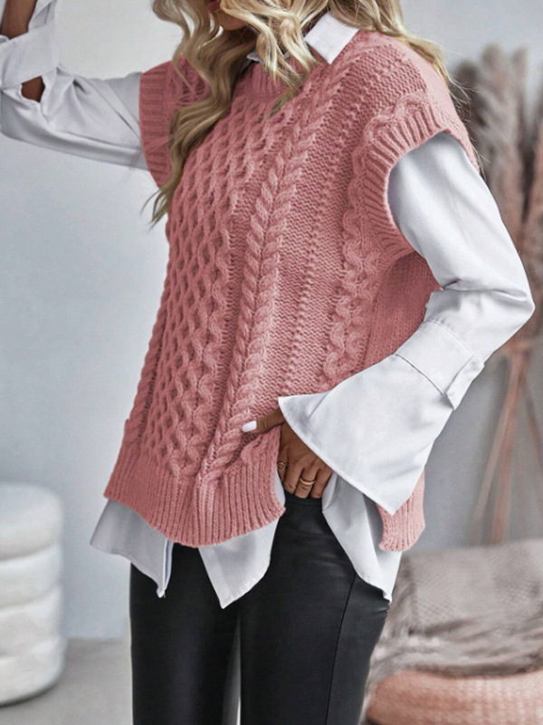 Európai és amerikai határokon átnyúló külkereskedelmi kerek nyakú ujjatlan kötöttáru női csavart szálú tiszta színű szegélyű hasított mellény kötöttáru mellény