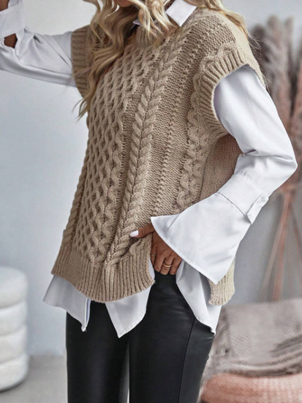 Európai és amerikai határokon átnyúló külkereskedelmi kerek nyakú ujjatlan kötöttáru női csavart szálú tiszta színű szegélyű hasított mellény kötöttáru mellény