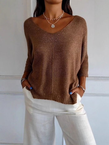 Új női, európai és amerikai őszi és téli Amazon határokon átnyúló külkereskedelmi V-nyakú, csavart, vékony kötött, hét ujjú pulóver.