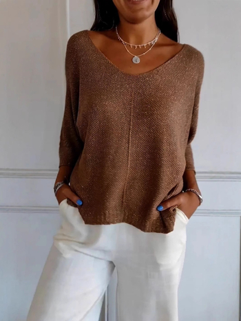 Új női, európai és amerikai őszi és téli Amazon határokon átnyúló külkereskedelmi V-nyakú, csavart, vékony kötött, hét ujjú pulóver.