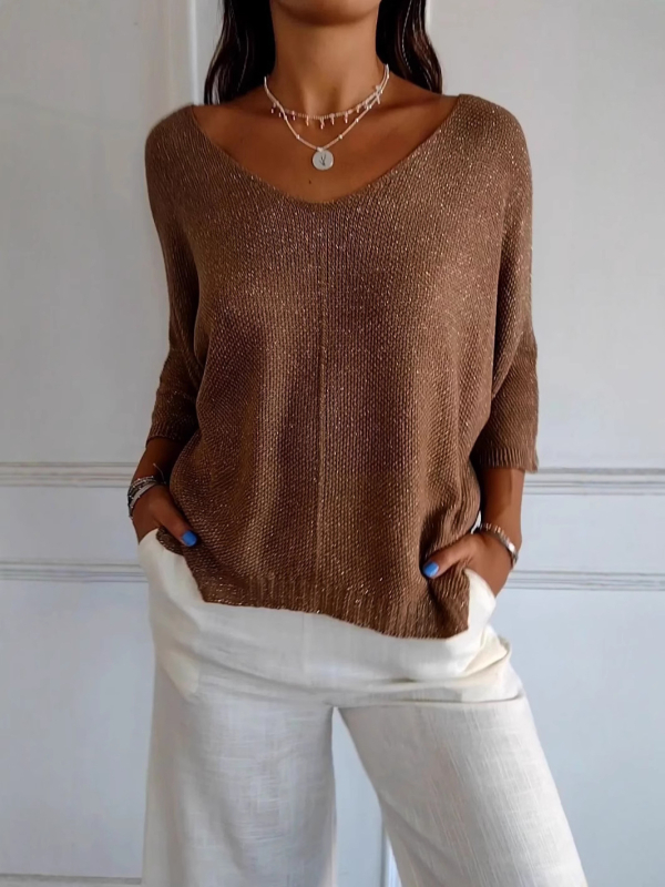 Új női, európai és amerikai őszi és téli Amazon határokon átnyúló külkereskedelmi V-nyakú, csavart, vékony kötött, hét ujjú pulóver.