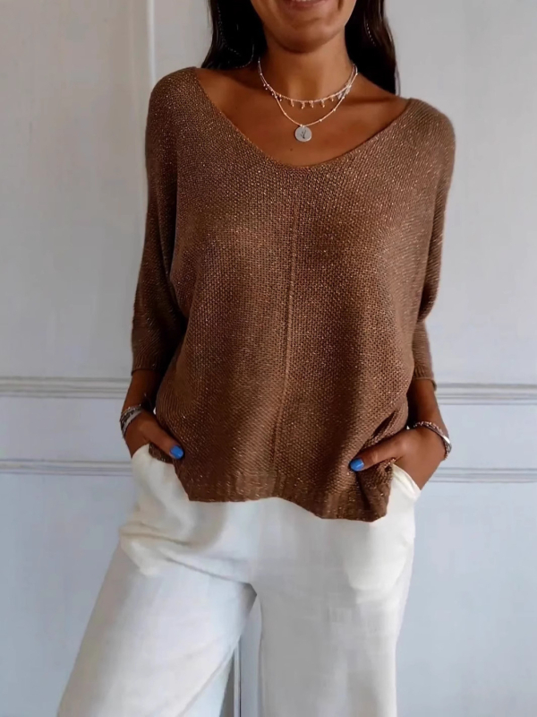 Új női, európai és amerikai őszi és téli Amazon határokon átnyúló külkereskedelmi V-nyakú, csavart, vékony kötött, hét ujjú pulóver.