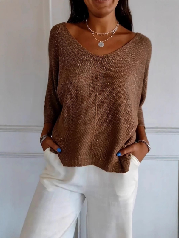 Új női, európai és amerikai őszi és téli Amazon határokon átnyúló külkereskedelmi V-nyakú, csavart, vékony kötött, hét ujjú pulóver.