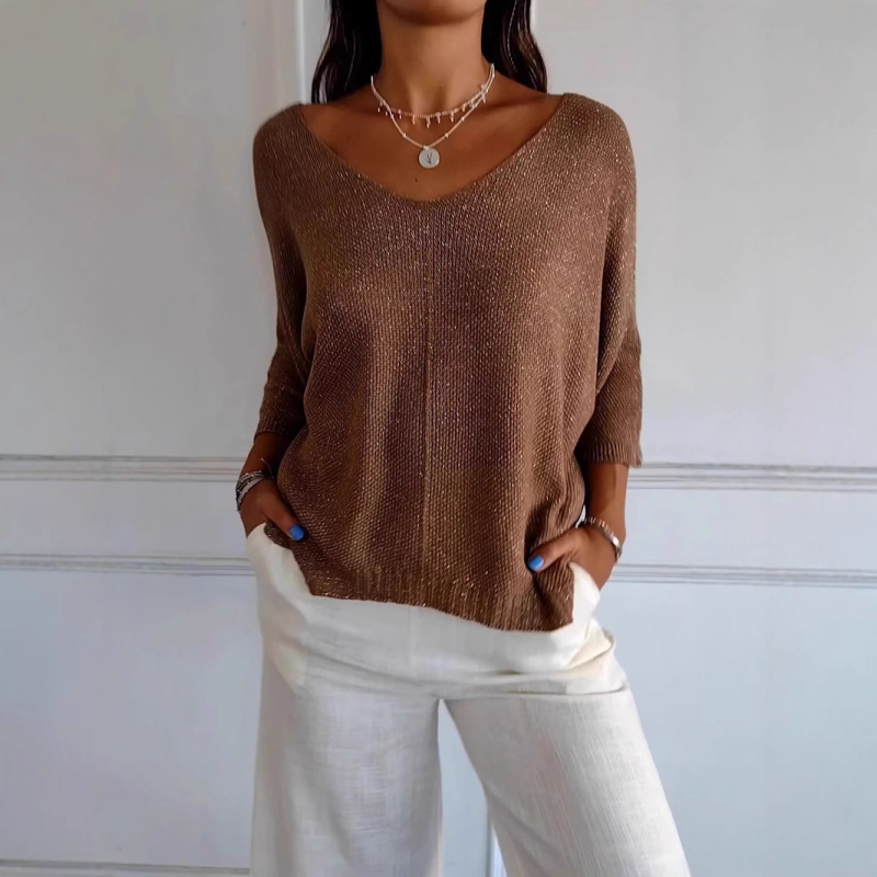 Új női, európai és amerikai őszi és téli Amazon határokon átnyúló külkereskedelmi V-nyakú, csavart, vékony kötött, hét ujjú pulóver.