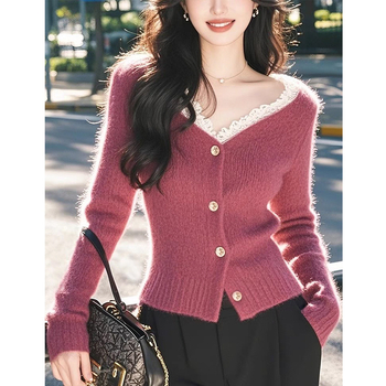 Francia stílusú, finom, málna színű, csipkés, V-nyakú, hosszú ujjú, kötött kardigán, női őszi-téli, sokoldalú, puha, viaszos ing