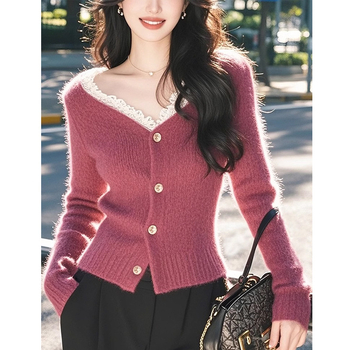 Francia stílusú, finom, málna színű, csipkés, V-nyakú, hosszú ujjú, kötött kardigán, női őszi-téli, sokoldalú, puha, viaszos ing