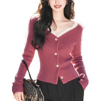 Francia stílusú, finom, málna színű, csipkés, V-nyakú, hosszú ujjú, kötött kardigán, női őszi-téli, sokoldalú, puha, viaszos ing