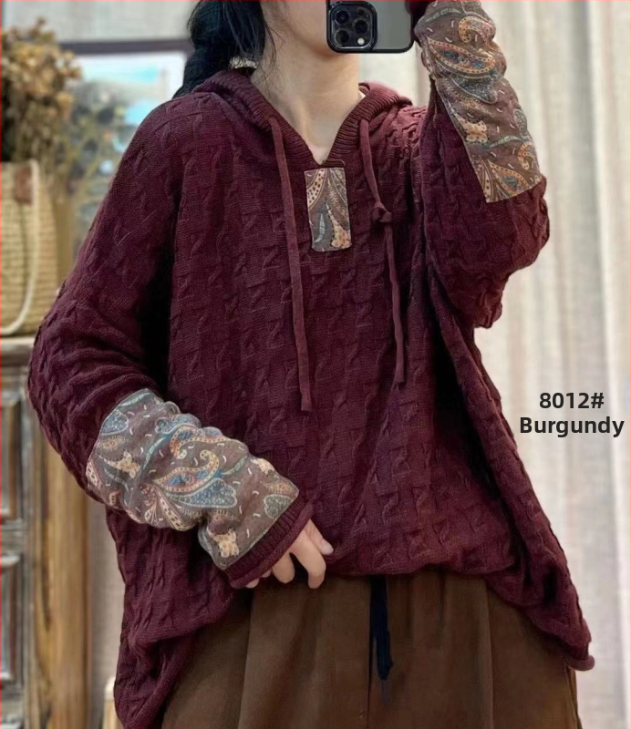 Húzózsinóros Kapucnis Pamut Kötött Pulóver Női Laza Húsdarabos Tavaszi és Őszi Új Retro Művészi Hétköznapi Hosszú Ujjú Felső